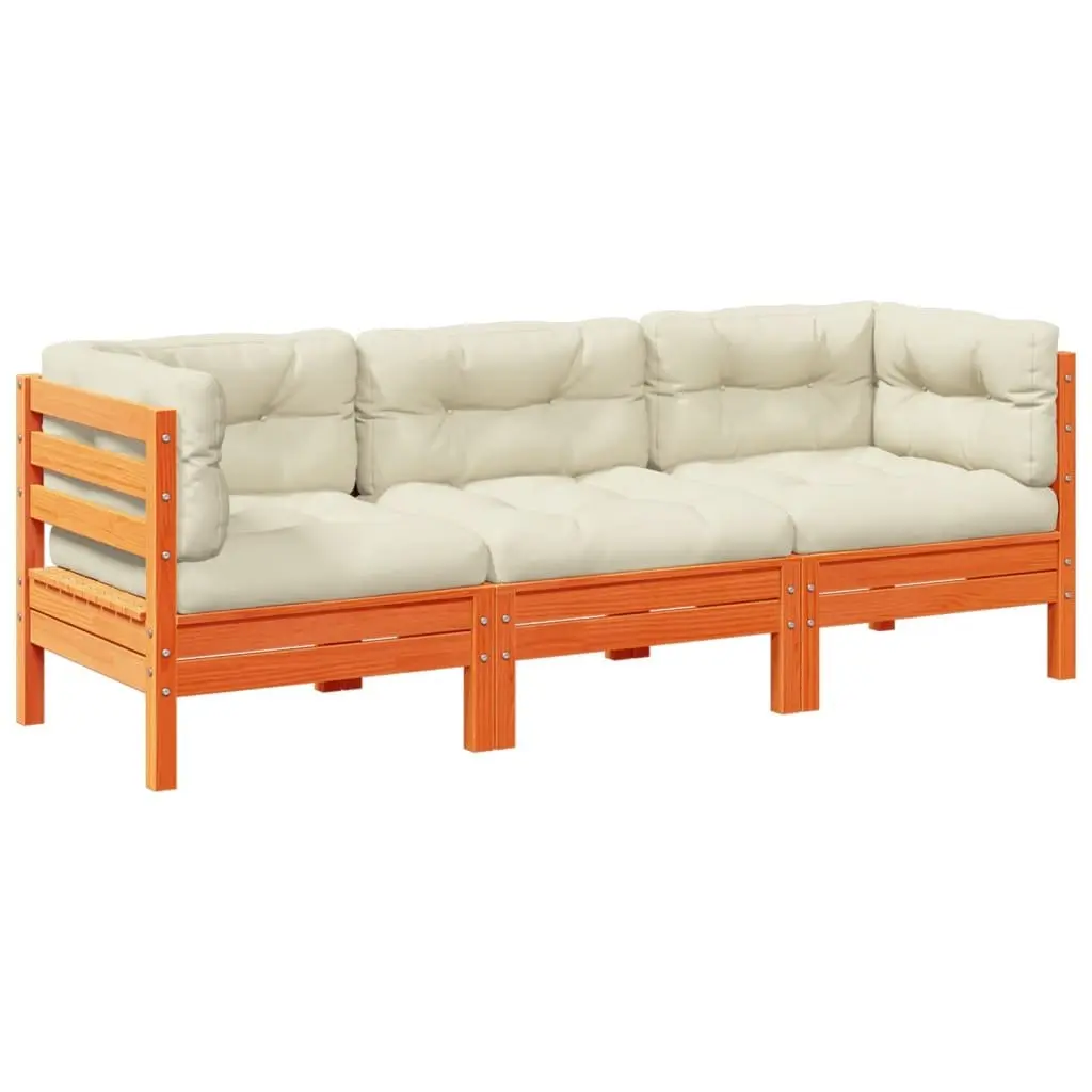 3 Piece Garden Sofa Set Outdoor Patio Furniture Solid Pinewood Brown Cushions