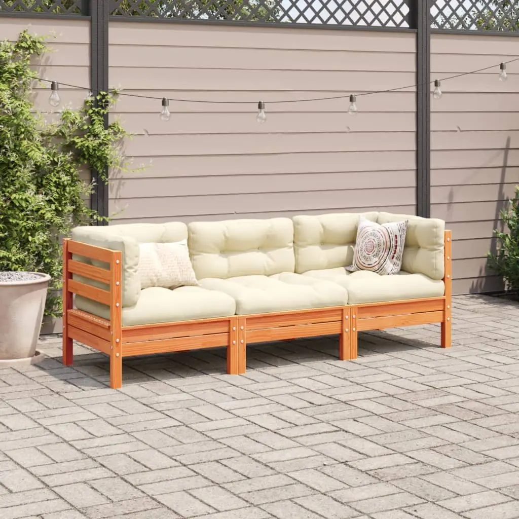 3 Piece Garden Sofa Set Outdoor Patio Furniture Solid Pinewood Brown Cushions