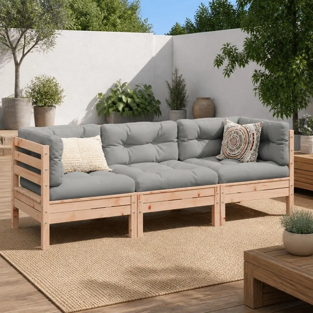 Garden Sofa Set 3 Piece Outdoor Furniture Cushions Brown Wood
