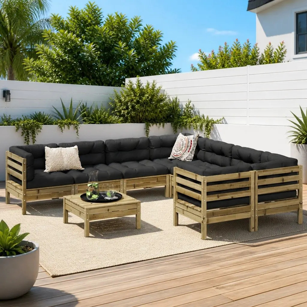 Garden Sofa Set 9 Piece Outdoor Furniture Modular Patio Seating Brown Cushions