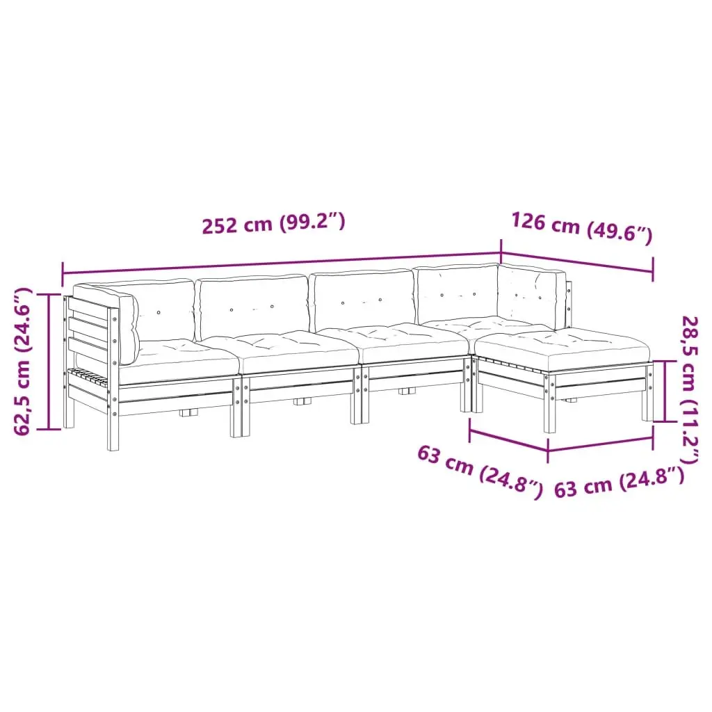 5 Piece Garden Sofa Set Outdoor Furniture Patio Lounge Cushions Wax Brown Solid Pinewood