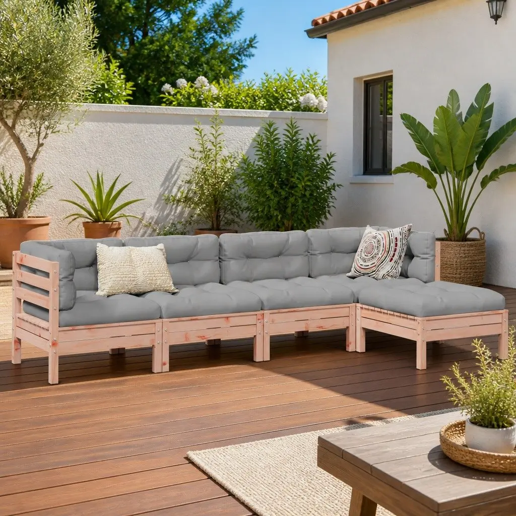 Outdoor Garden Sofa Set 5 Piece Modular Wood Furniture with Cushions Brown