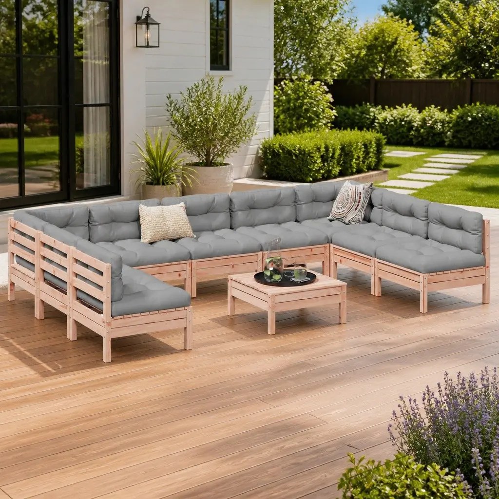 10 Piece Outdoor Garden Sofa Set Modular Patio Furniture Brown Douglas Fir Wood with Cushions