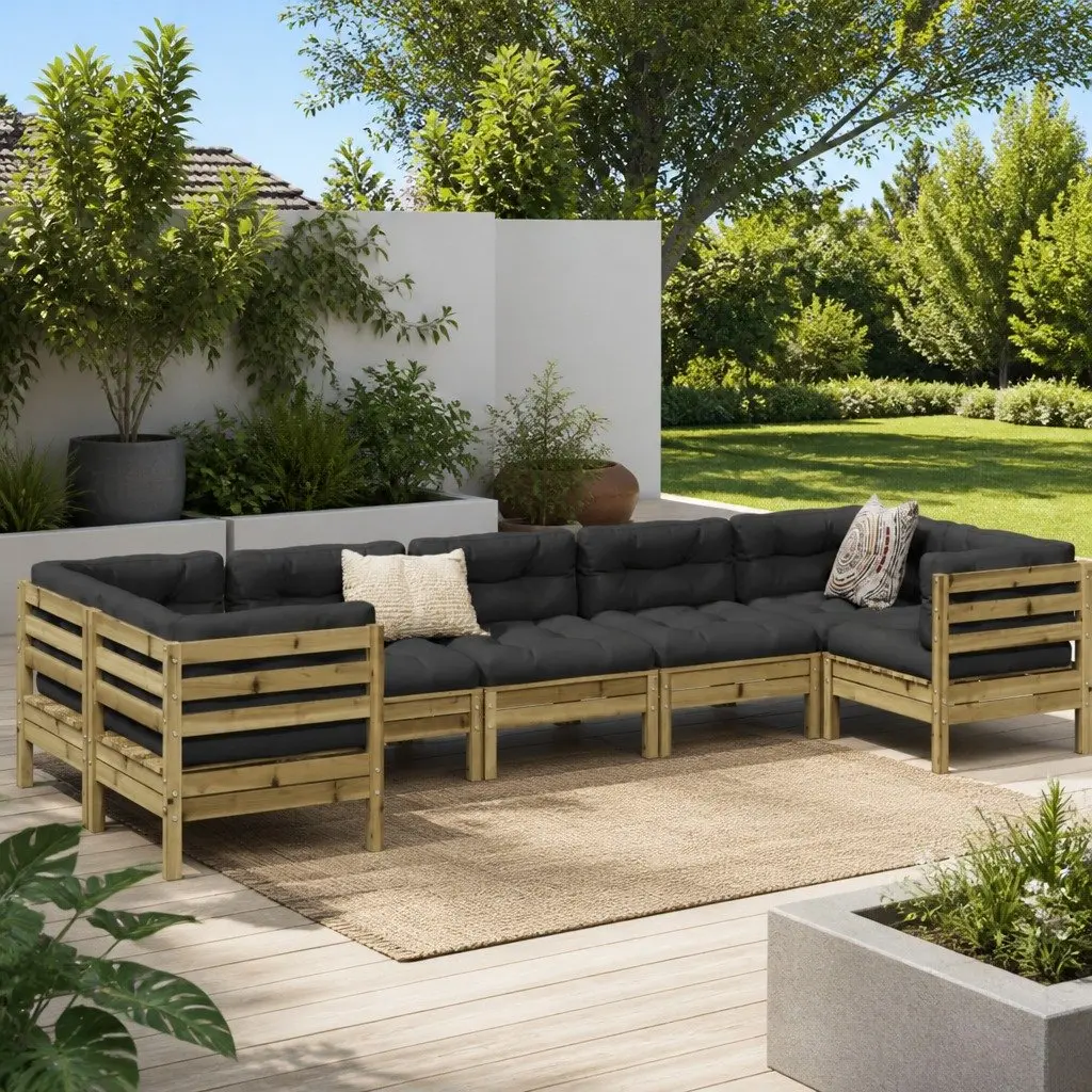 7 Piece Garden Sofa Set Outdoor Seating Pinewood Brown Cushions