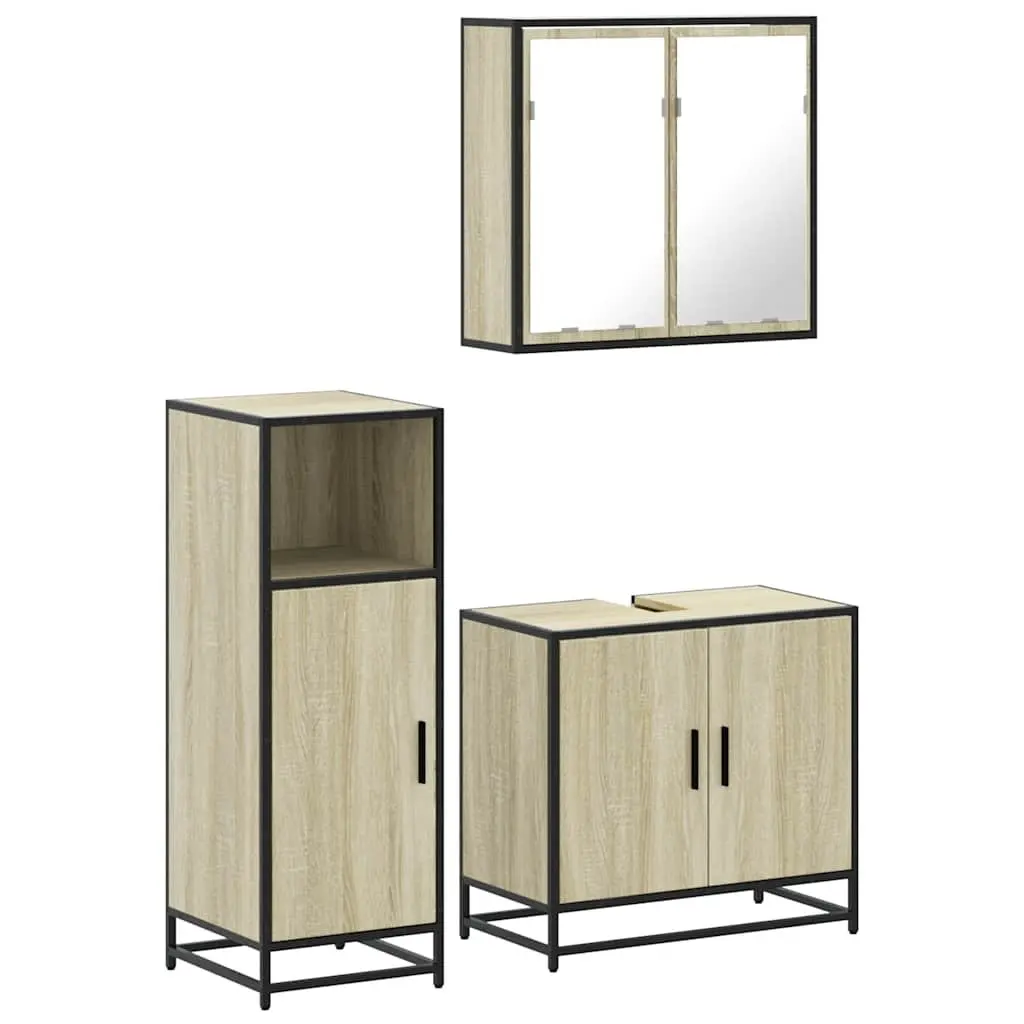 Bathroom Furniture Set 3 Piece Brown Vanity Mirror Cabinet Storage Engineered Wood