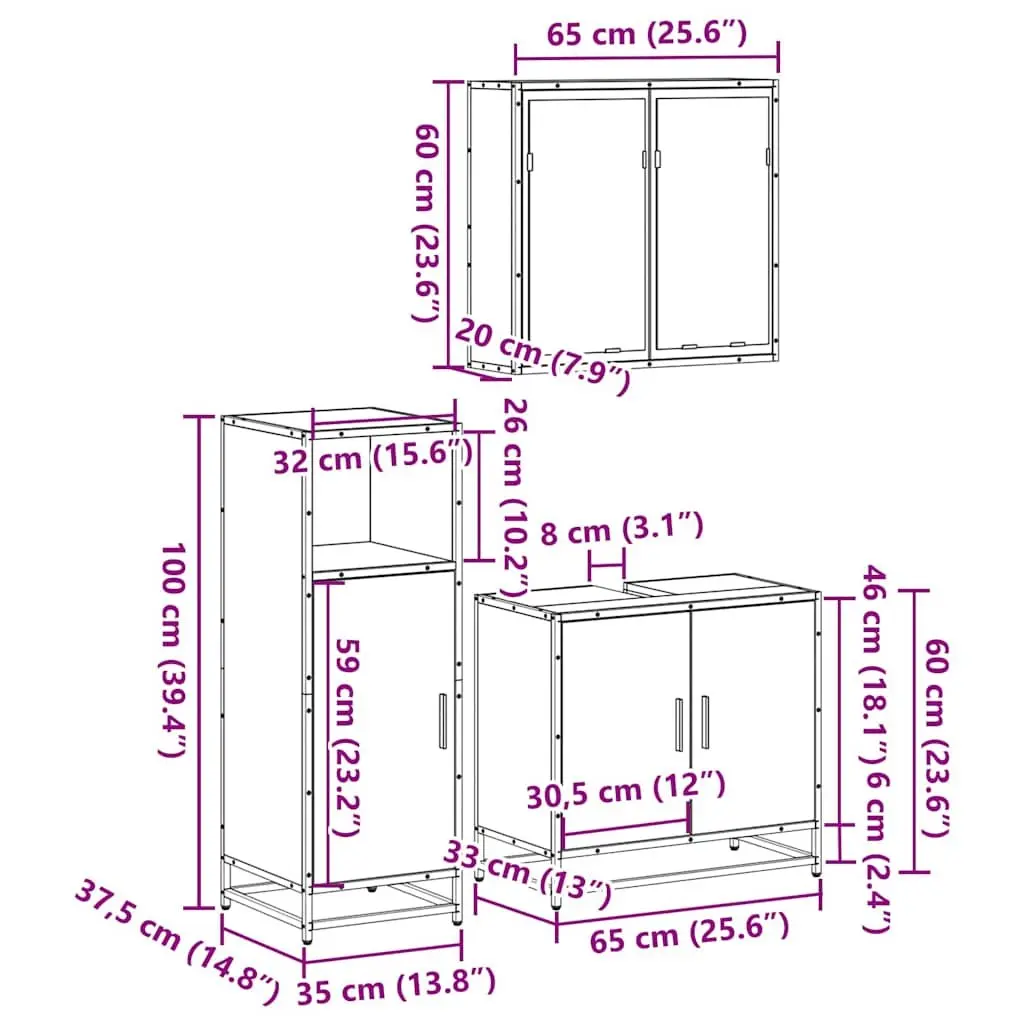 Bathroom Furniture Set 3 Piece Brown Vanity Mirror Cabinet Storage Engineered Wood