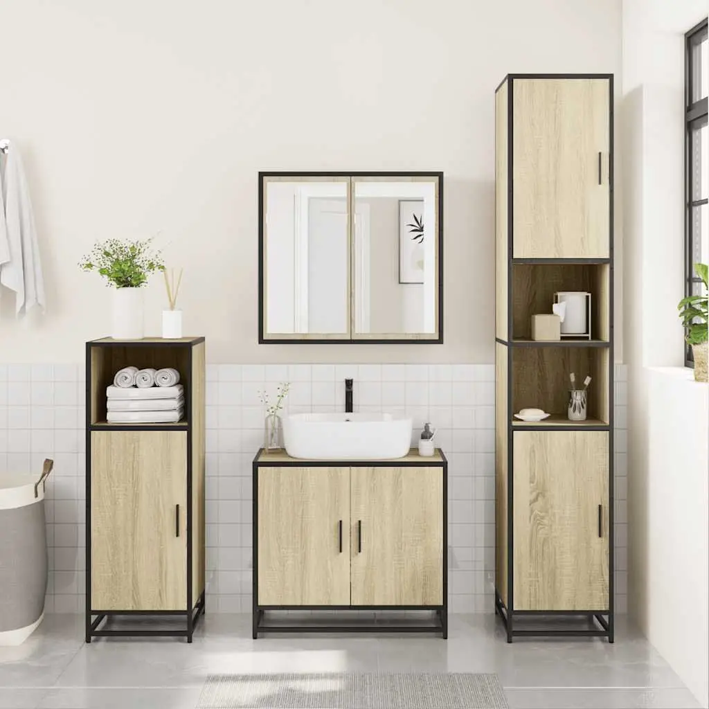 Bathroom Furniture Set 3 Piece Brown Vanity Mirror Cabinet Storage Engineered Wood