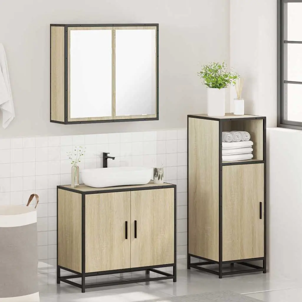 Bathroom Furniture Set 3 Piece Brown Vanity Mirror Cabinet Storage Engineered Wood