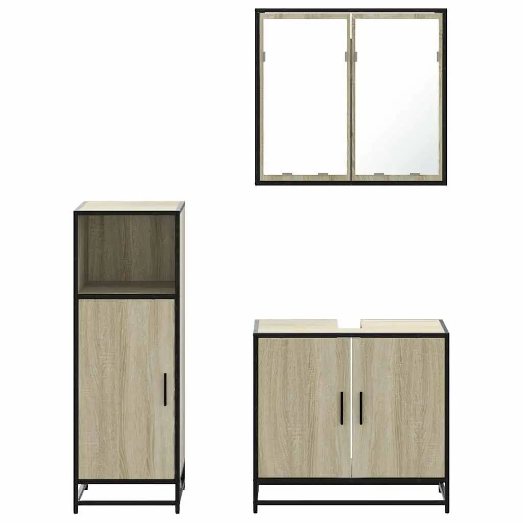 Bathroom Furniture Set 3 Piece Brown Vanity Mirror Cabinet Storage Engineered Wood