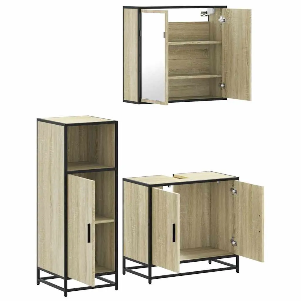 Bathroom Furniture Set 3 Piece Brown Vanity Mirror Cabinet Storage Engineered Wood