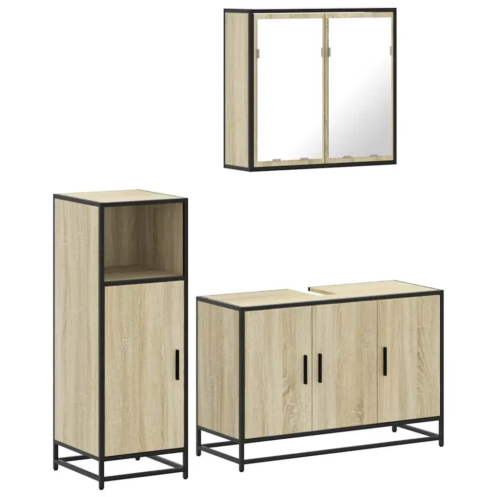 Bathroom Furniture Set 3 Piece Brown Engineered Wood Vanity Cabinet Mirror