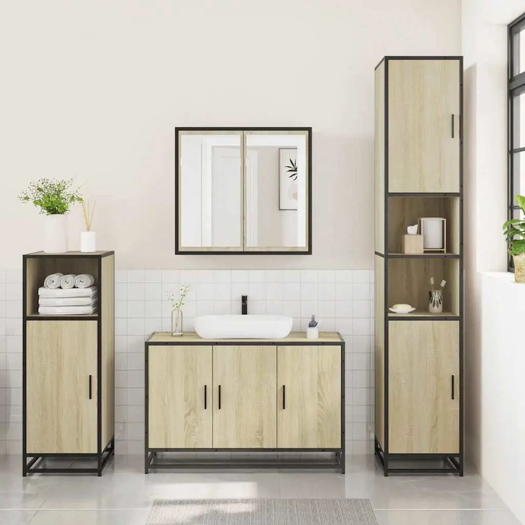 Bathroom Furniture Set 3 Piece Brown Engineered Wood Vanity Cabinet Mirror