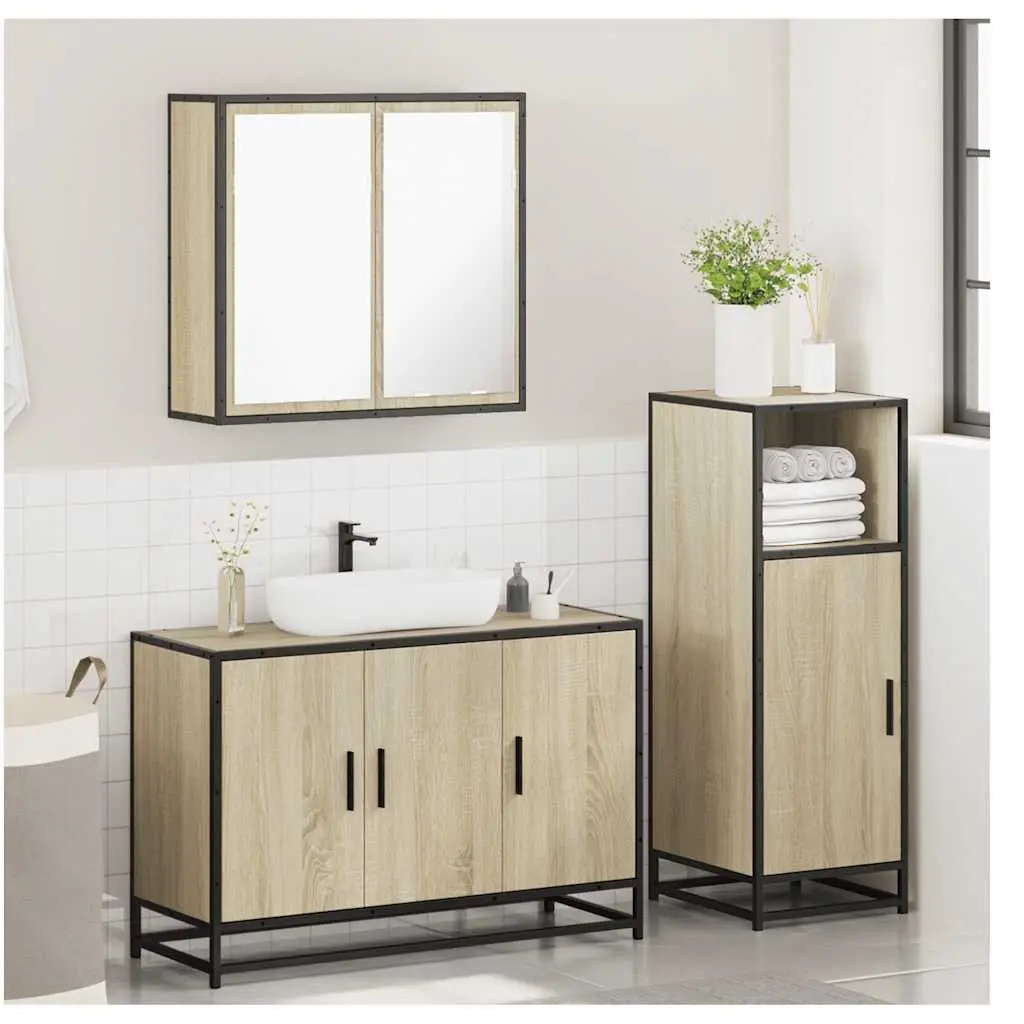 Bathroom Furniture Set 3 Piece Brown Engineered Wood Vanity Cabinet Mirror