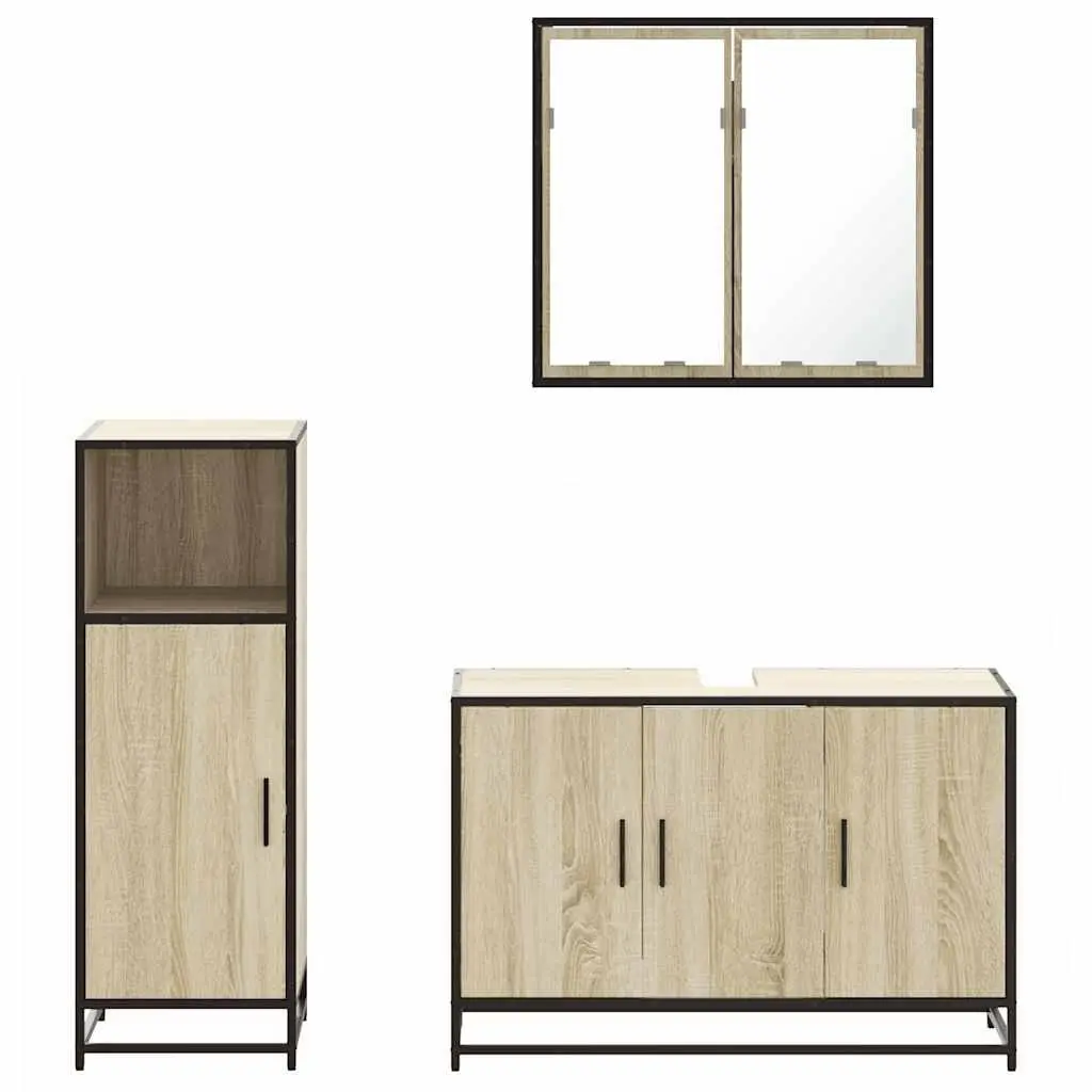 Bathroom Furniture Set 3 Piece Brown Engineered Wood Vanity Cabinet Mirror