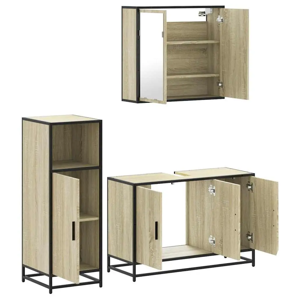 Bathroom Furniture Set 3 Piece Brown Engineered Wood Vanity Cabinet Mirror