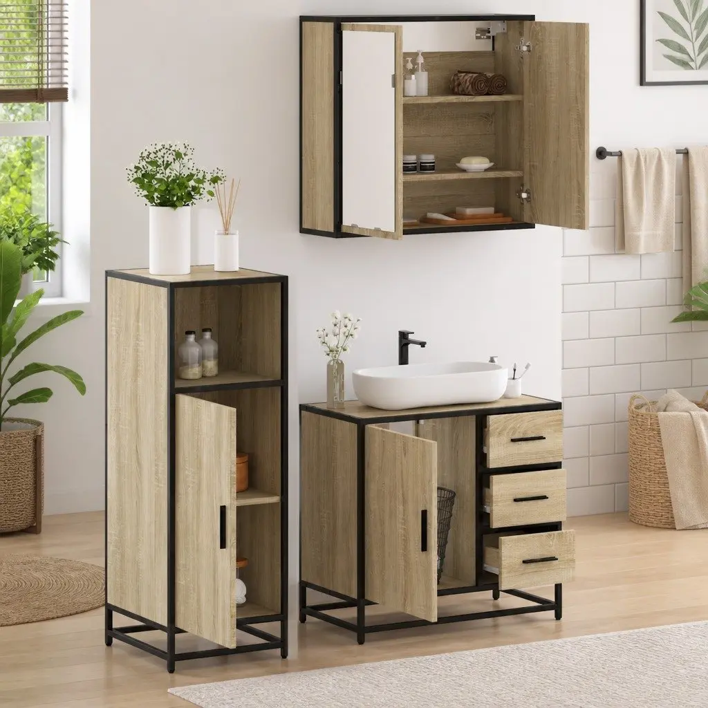 Bathroom Furniture Set Vanity Cabinet Mirror Storage 3 Piece Brown Sonoma Oak