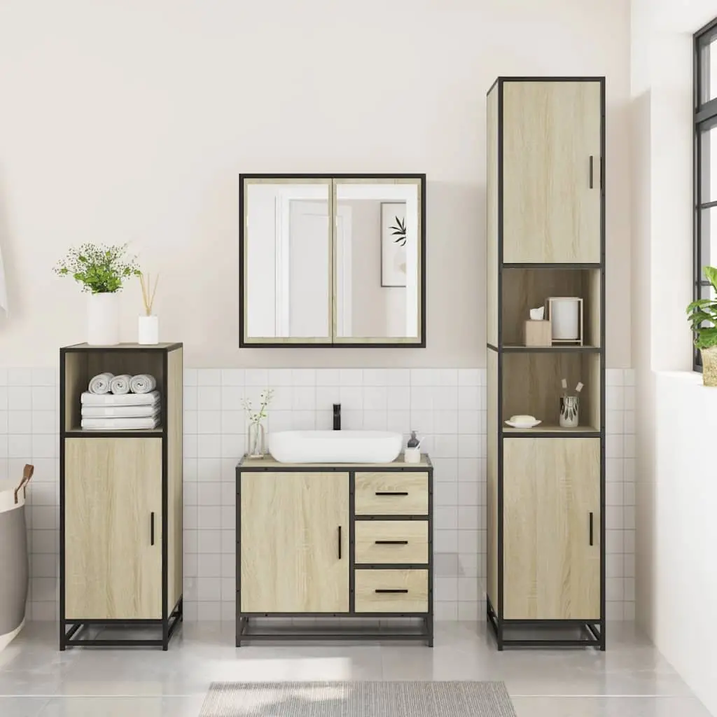 Bathroom Furniture Set Vanity Cabinet Mirror Storage 3 Piece Brown Sonoma Oak