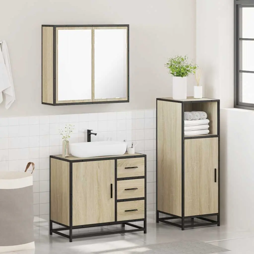 Bathroom Furniture Set Vanity Cabinet Mirror Storage 3 Piece Brown Sonoma Oak
