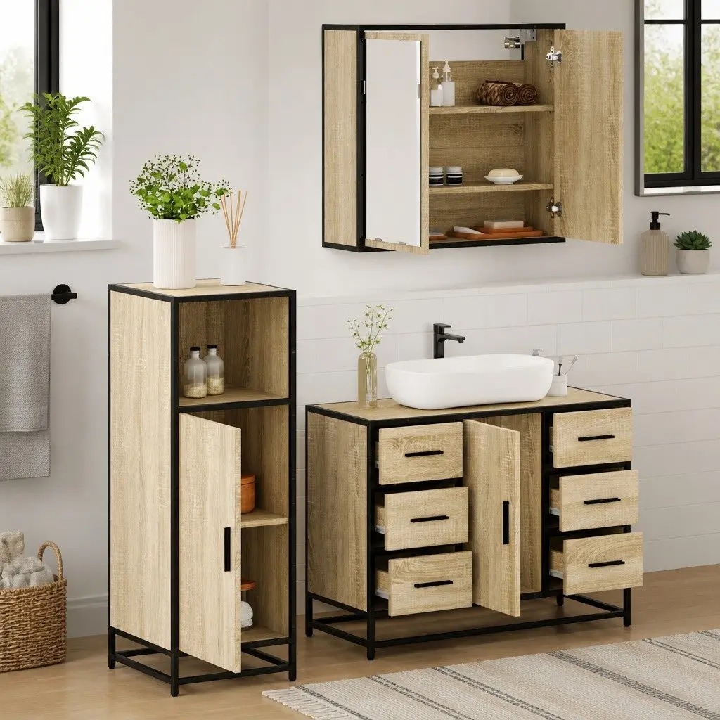 Bathroom Furniture Set 3 Piece Vanity Cabinet Mirror Sonoma Oak Brown