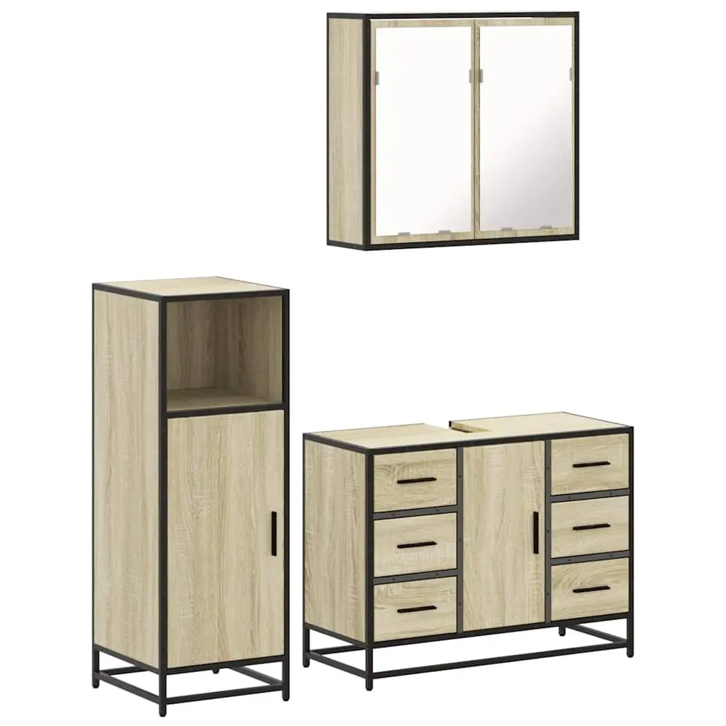 Bathroom Furniture Set 3 Piece Vanity Cabinet Mirror Sonoma Oak Brown