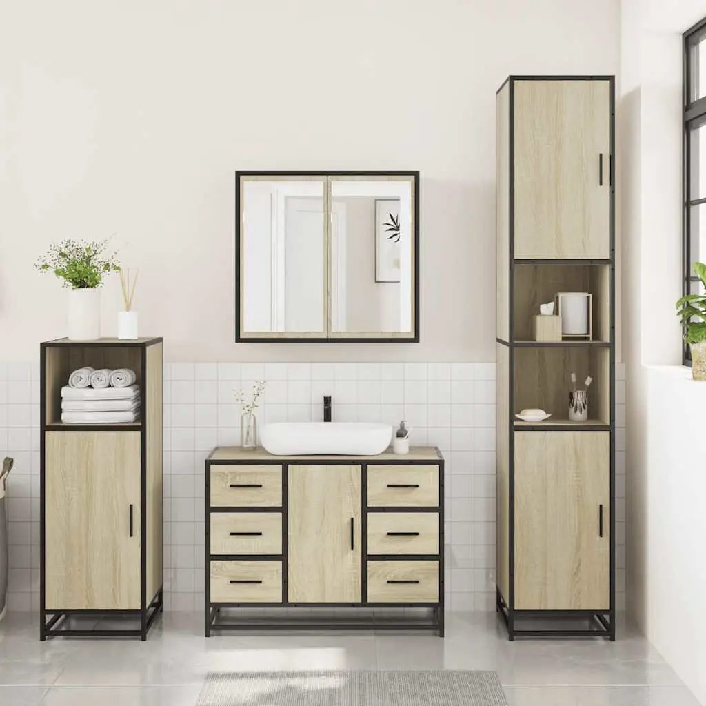 Bathroom Furniture Set 3 Piece Vanity Cabinet Mirror Sonoma Oak Brown