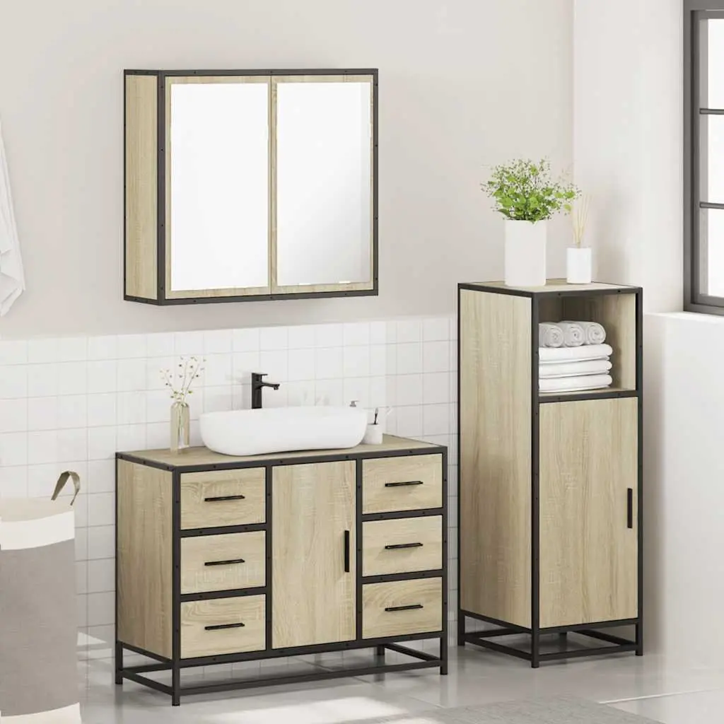 Bathroom Furniture Set 3 Piece Vanity Cabinet Mirror Sonoma Oak Brown