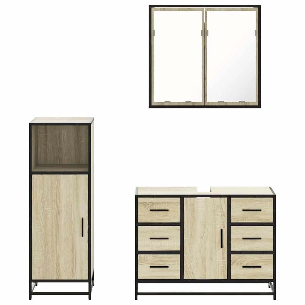 Bathroom Furniture Set 3 Piece Vanity Cabinet Mirror Sonoma Oak Brown