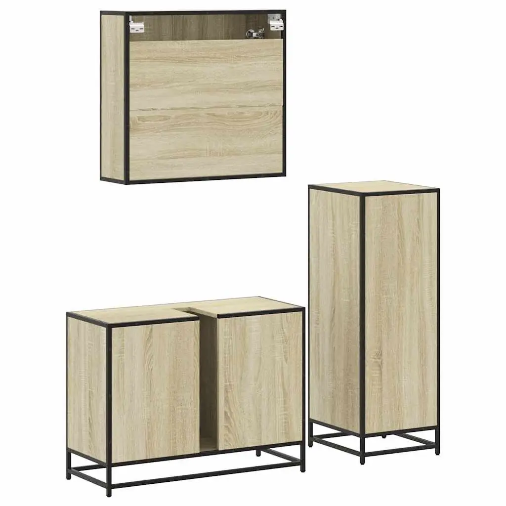 Bathroom Furniture Set 3 Piece Vanity Cabinet Mirror Sonoma Oak Brown