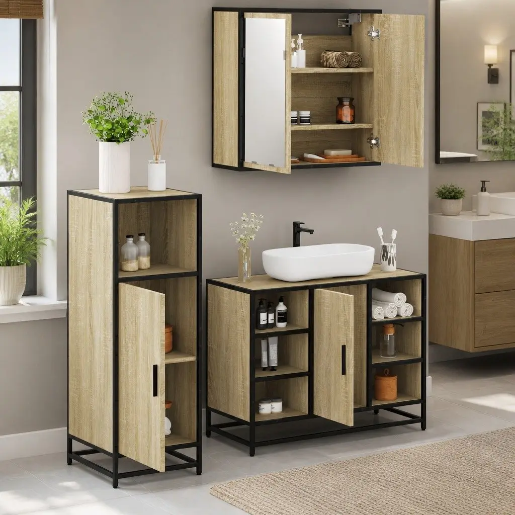Bathroom Furniture Set 3 Piece Storage Unit Vanity Cabinet Mirror Brown
