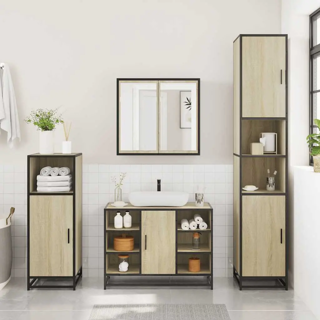 Bathroom Furniture Set 3 Piece Storage Unit Vanity Cabinet Mirror Brown