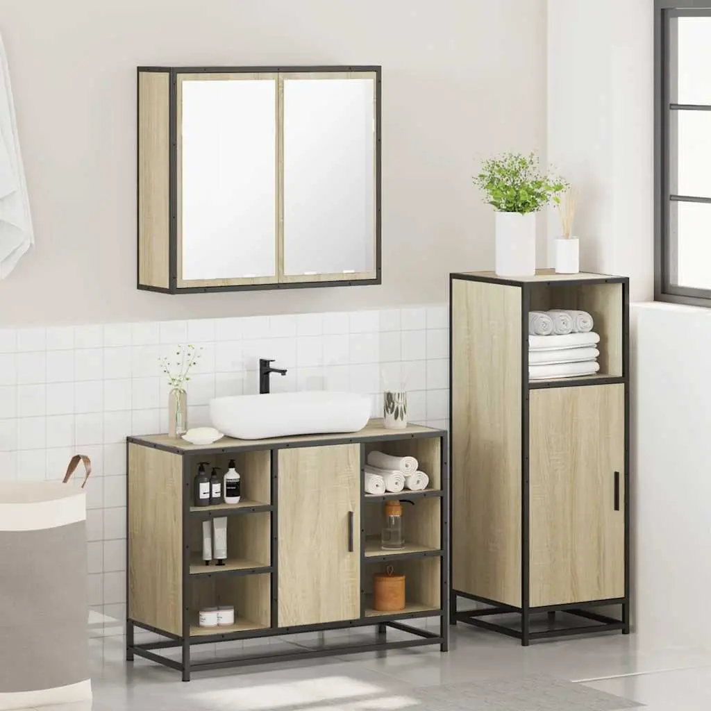 Bathroom Furniture Set 3 Piece Storage Unit Vanity Cabinet Mirror Brown