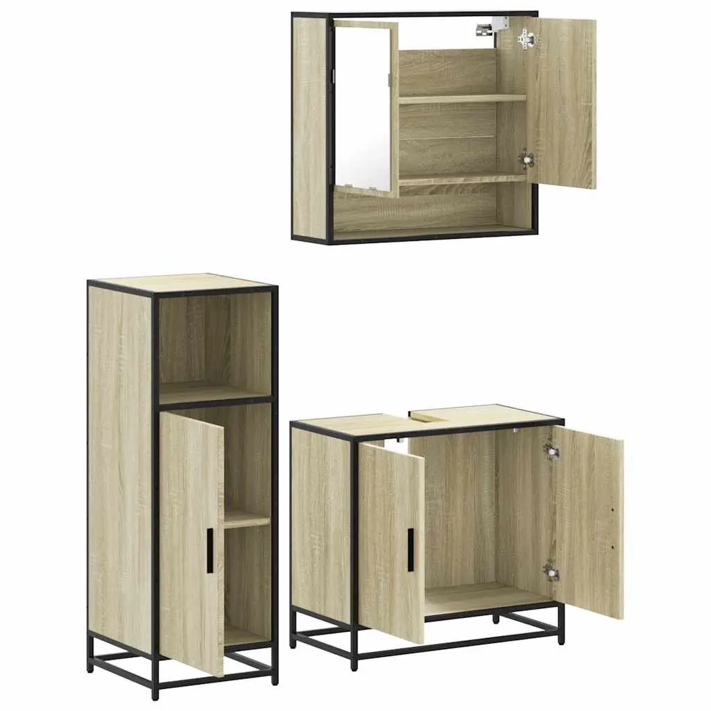 Bathroom Furniture Set 3 Piece Vanity Cabinet Mirror Brown Engineered Wood