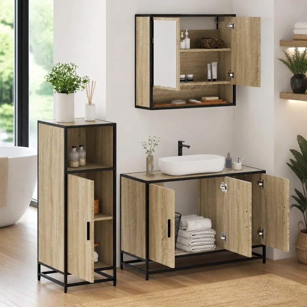 Bathroom Furniture Set 3 Piece Vanity Cabinet Mirror Storage Sonoma Oak Brown