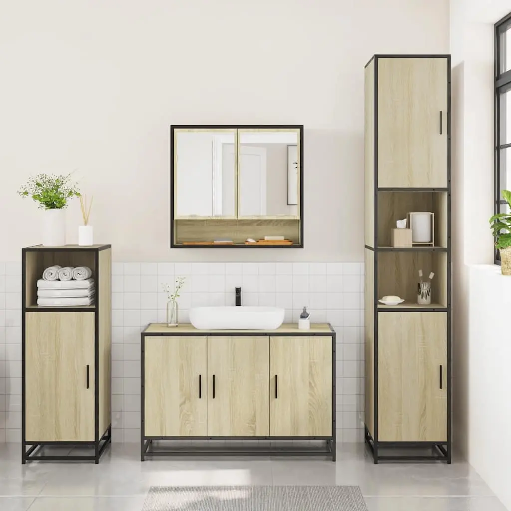 Bathroom Furniture Set Vanity Cabinet Mirror Storage 3 Piece Sonoma Oak Brown