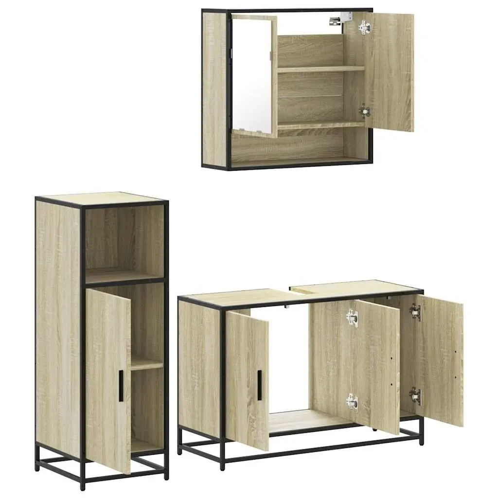Bathroom Furniture Set Vanity Cabinet Mirror Storage 3 Piece Sonoma Oak Brown