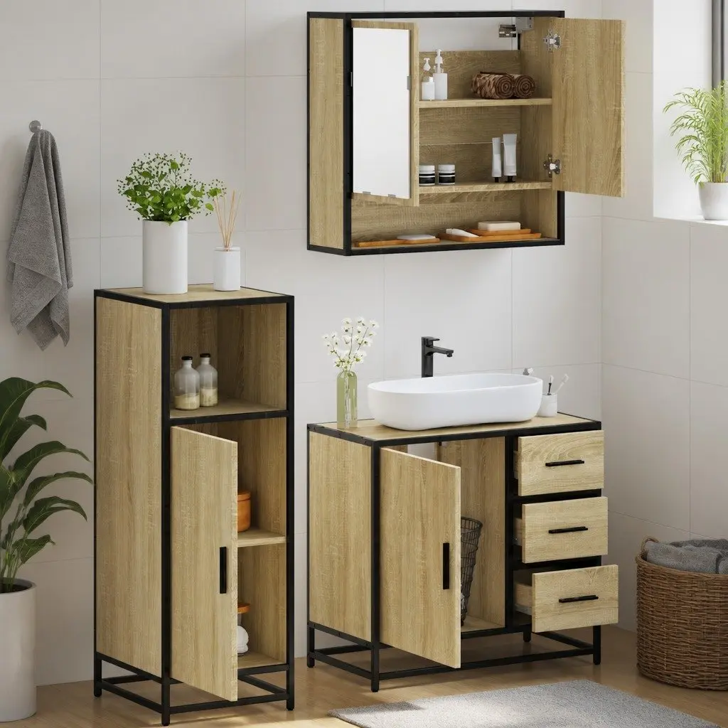 Bathroom Furniture Set 3 Piece Brown Vanity Cabinet Mirror Storage Engineered Wood