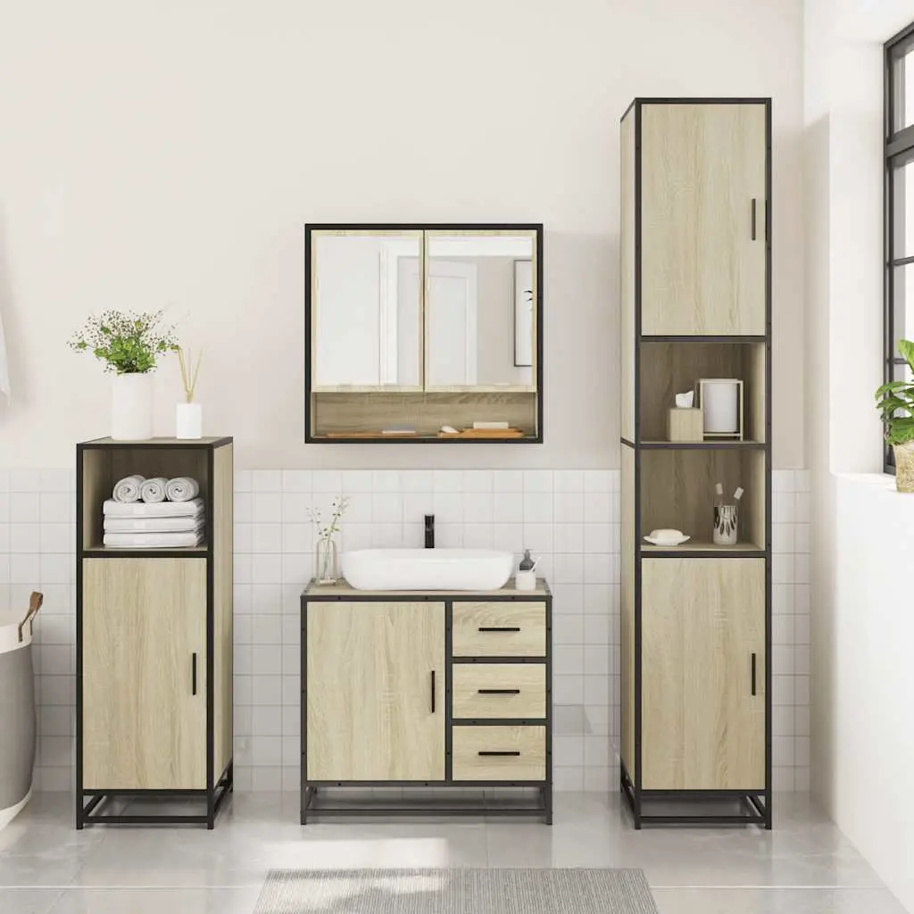 Bathroom Furniture Set 3 Piece Brown Vanity Cabinet Mirror Storage Engineered Wood