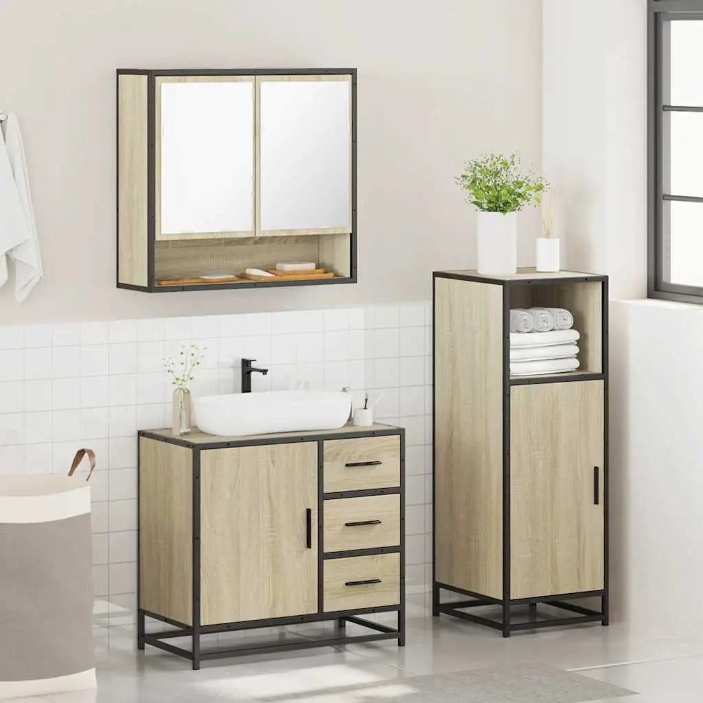 Bathroom Furniture Set 3 Piece Brown Vanity Cabinet Mirror Storage Engineered Wood