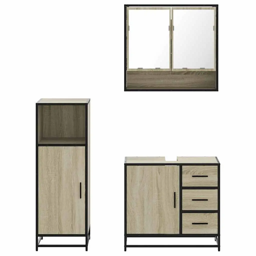 Bathroom Furniture Set 3 Piece Brown Vanity Cabinet Mirror Storage Engineered Wood