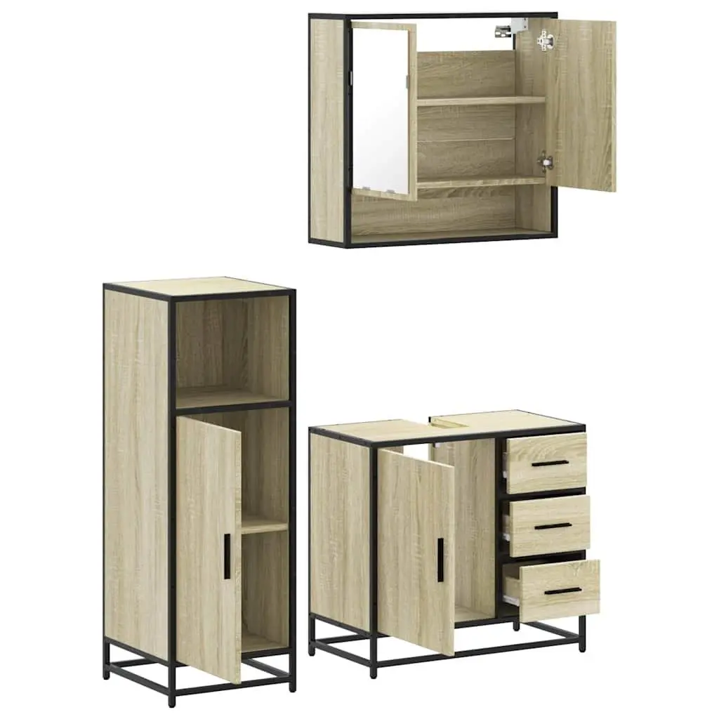 Bathroom Furniture Set 3 Piece Brown Vanity Cabinet Mirror Storage Engineered Wood