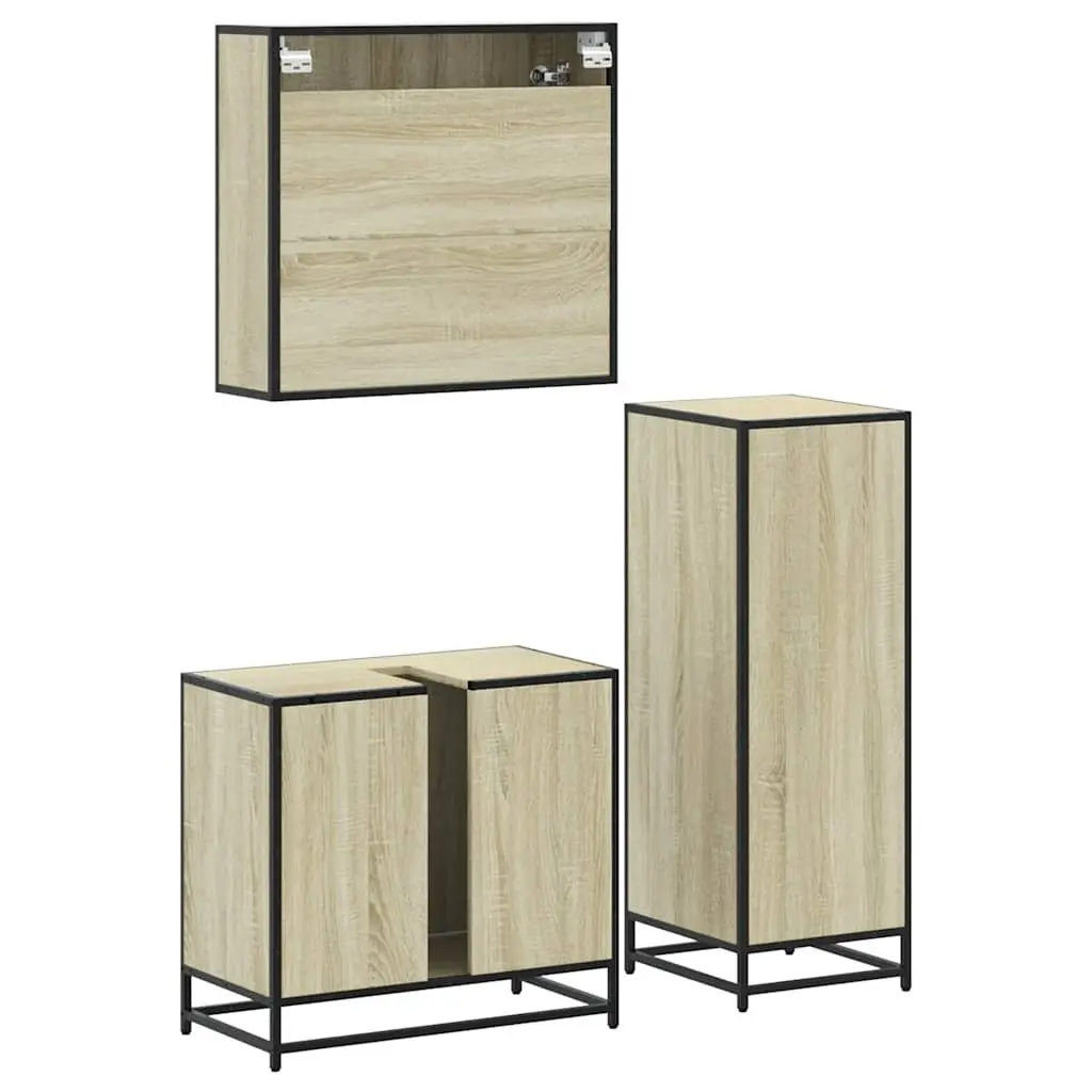 Bathroom Furniture Set 3 Piece Brown Vanity Cabinet Mirror Storage Engineered Wood