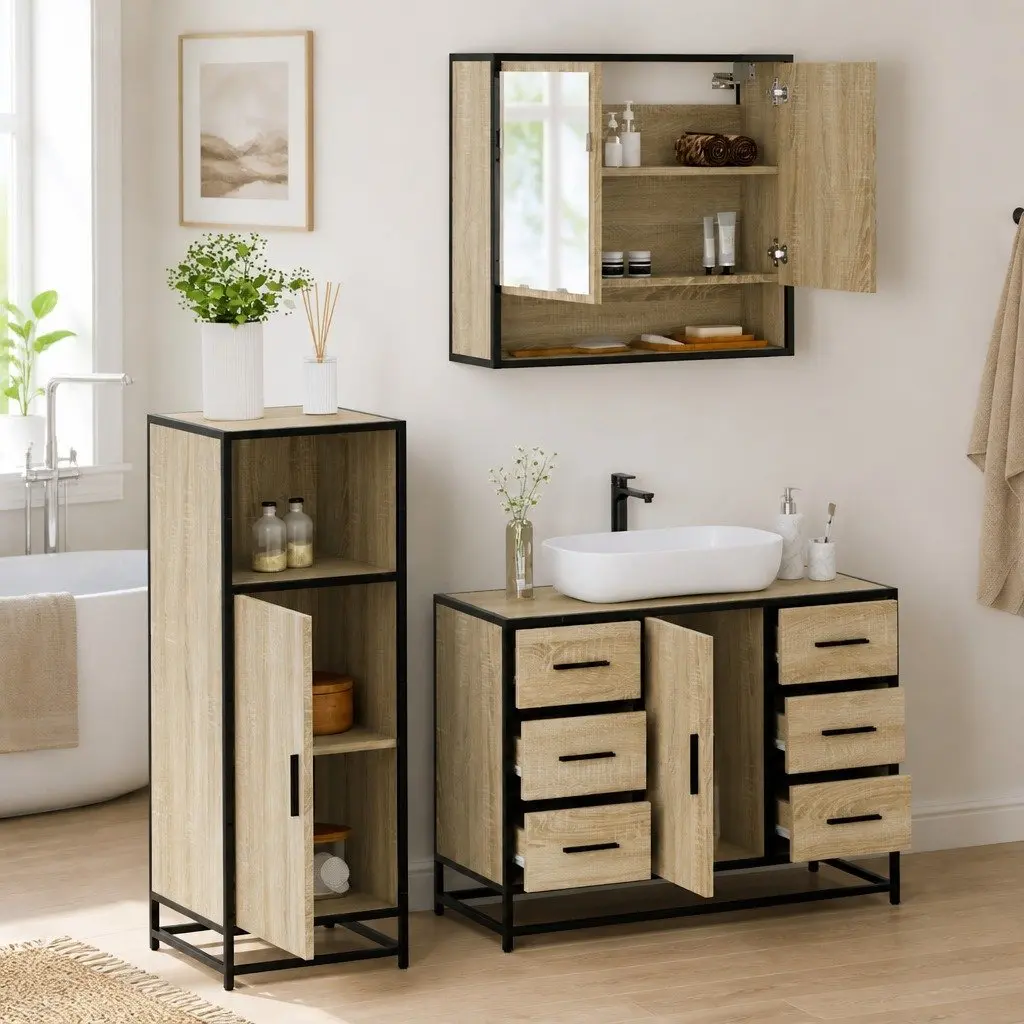 Bathroom Furniture Set 3 Piece Vanity Cabinet Mirror Brown Engineered Wood