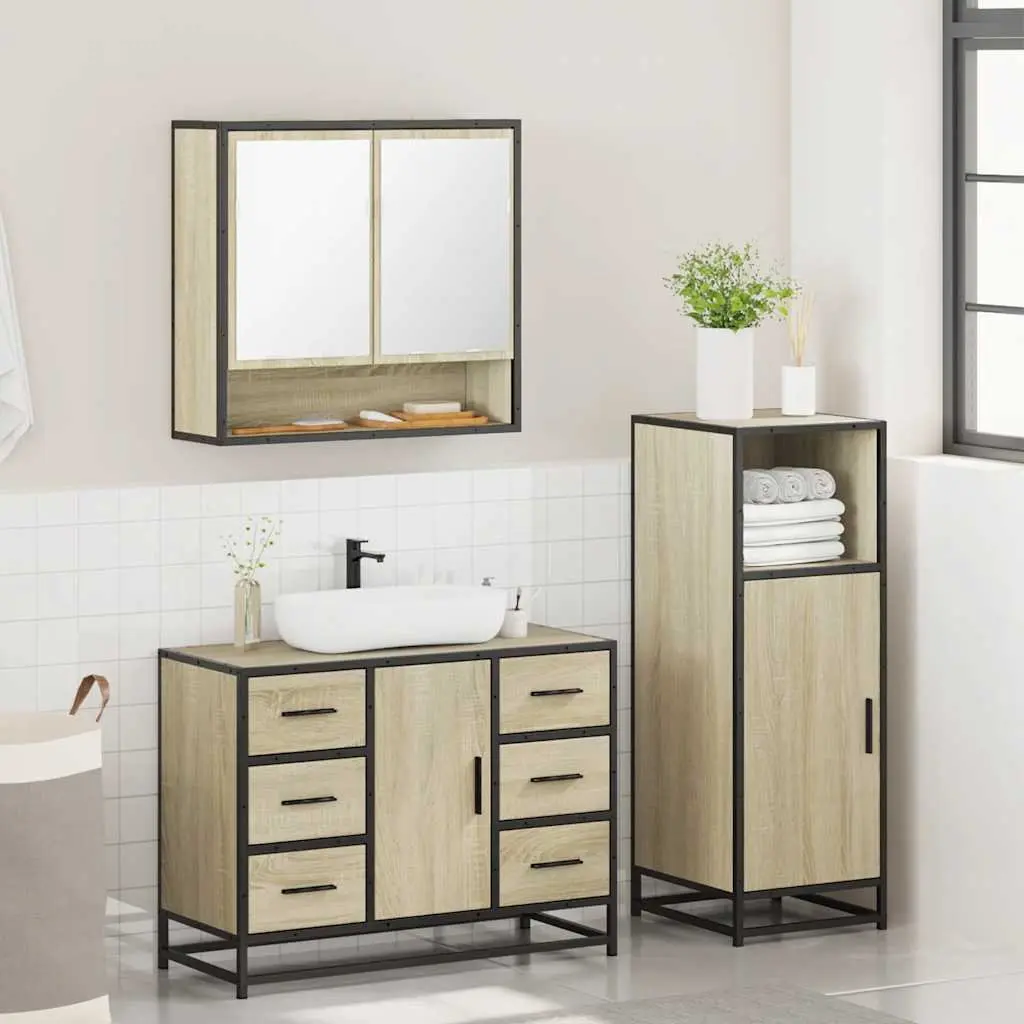 Bathroom Furniture Set 3 Piece Vanity Cabinet Mirror Brown Engineered Wood