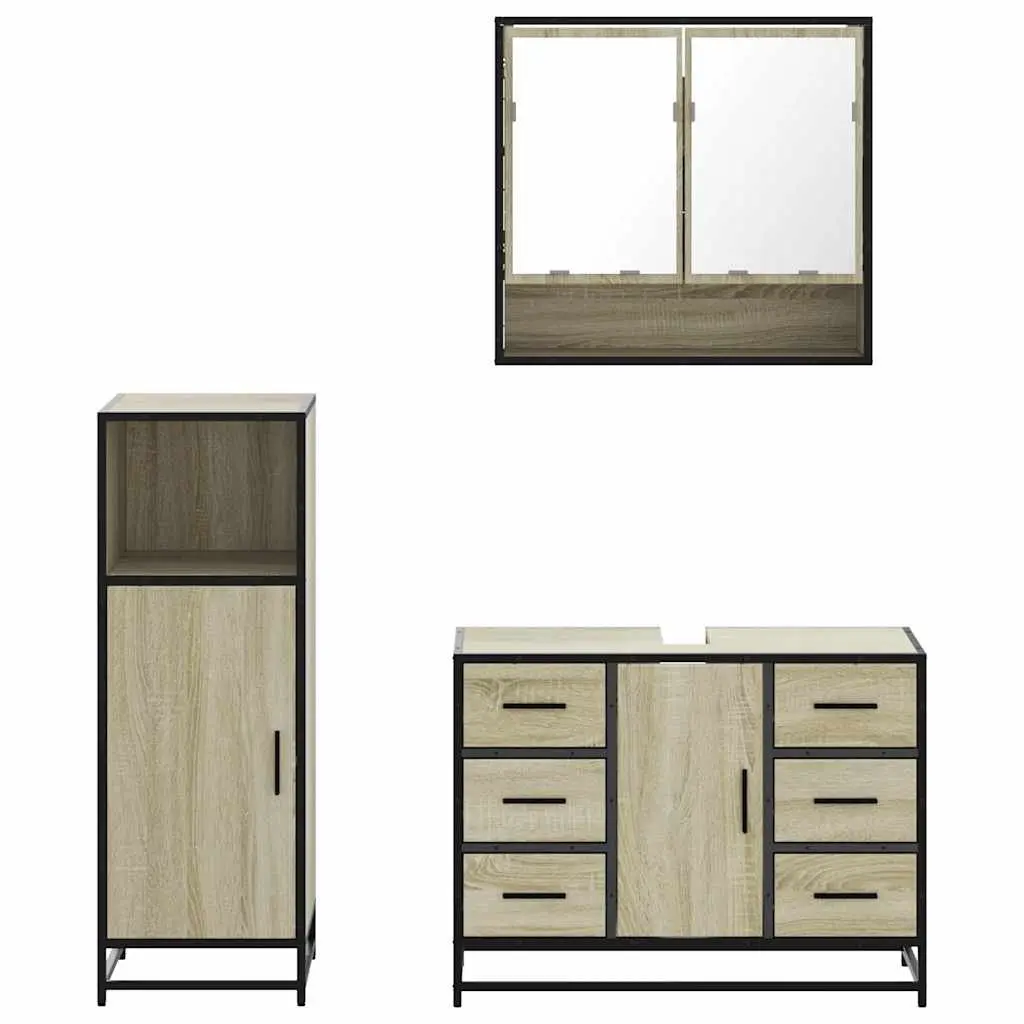 Bathroom Furniture Set 3 Piece Vanity Cabinet Mirror Brown Engineered Wood