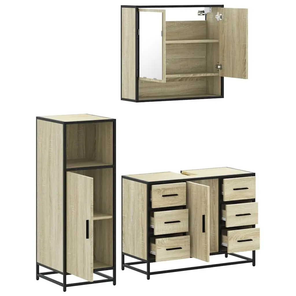 Bathroom Furniture Set 3 Piece Vanity Cabinet Mirror Brown Engineered Wood
