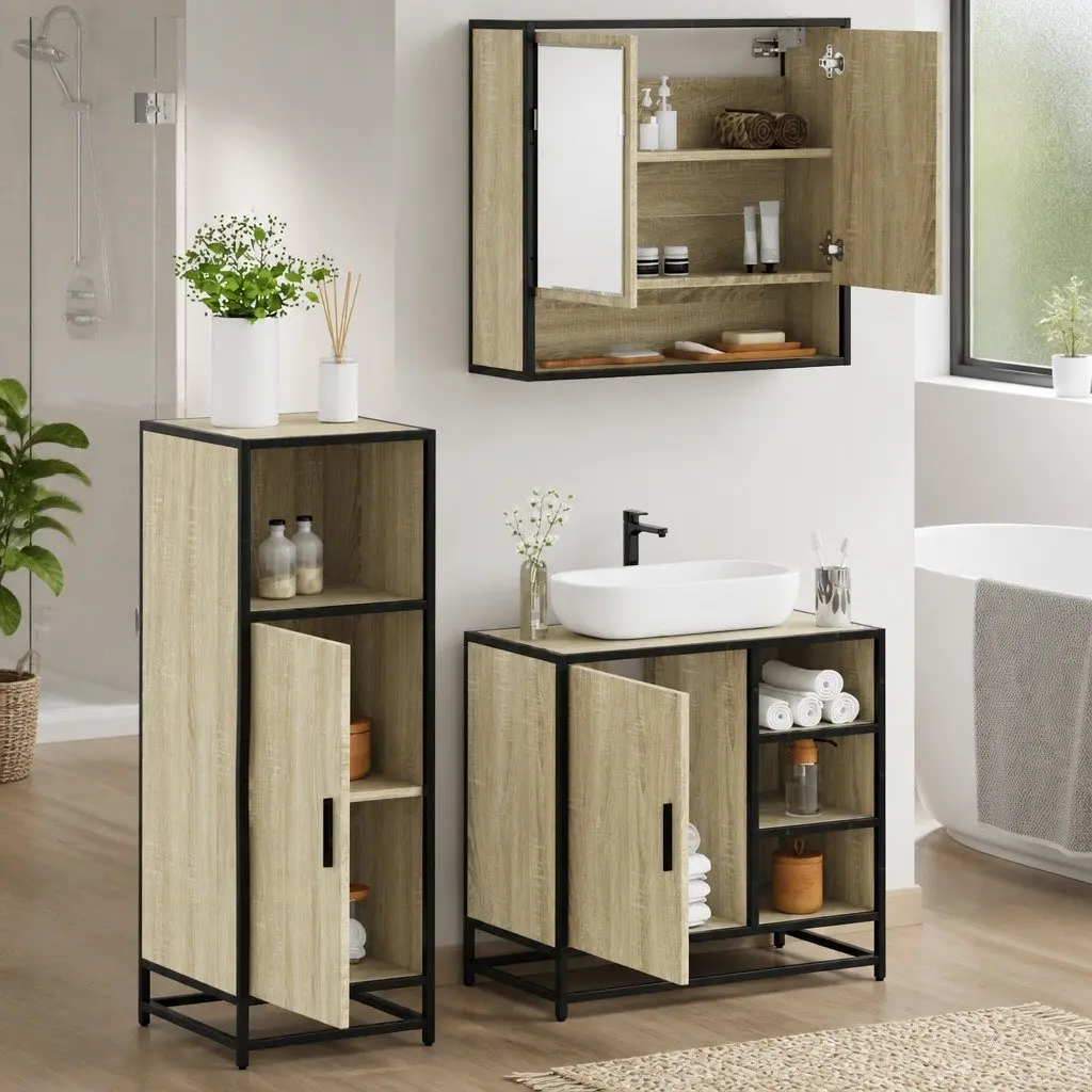 Bathroom Furniture Set Brown Vanity Cabinet Mirror 3 Piece