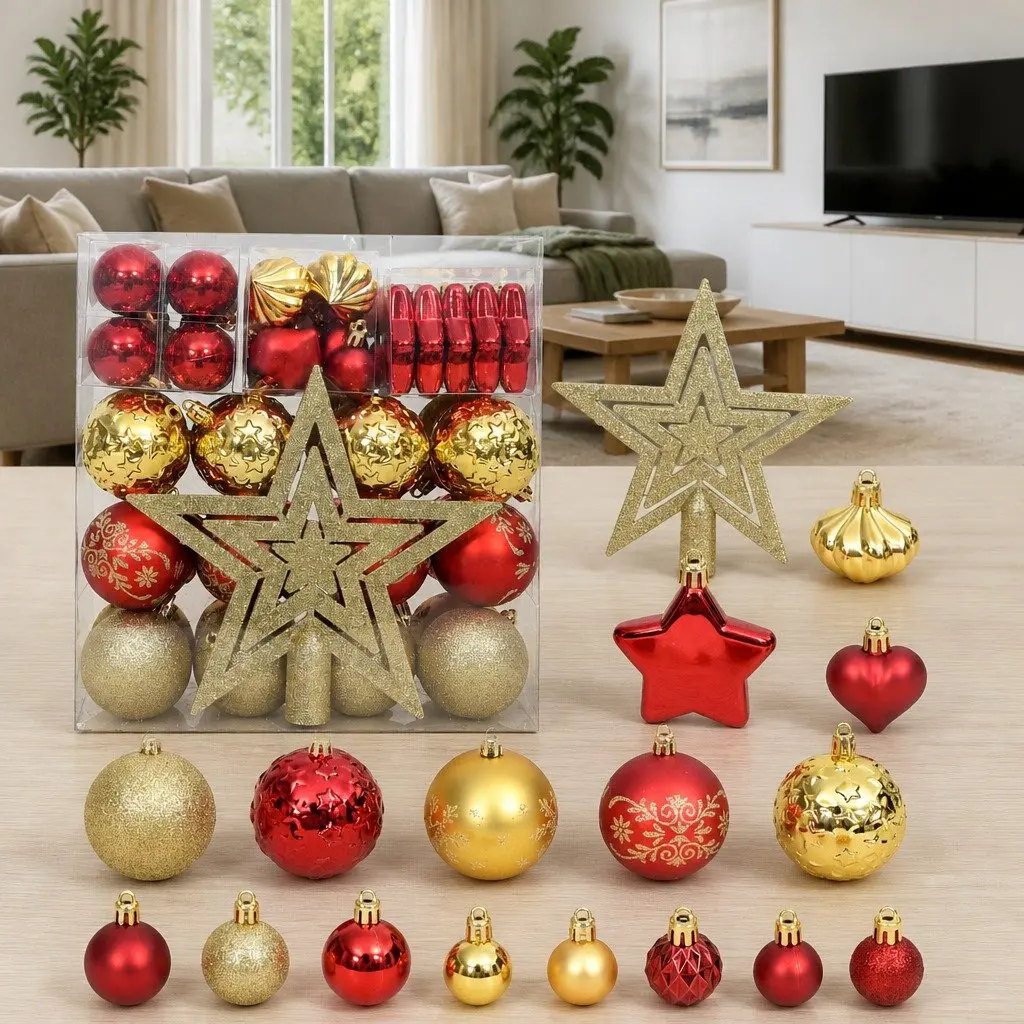 Christmas Bauble Ornament Set 70 Piece Gold Red Shatterproof Tree Decorations