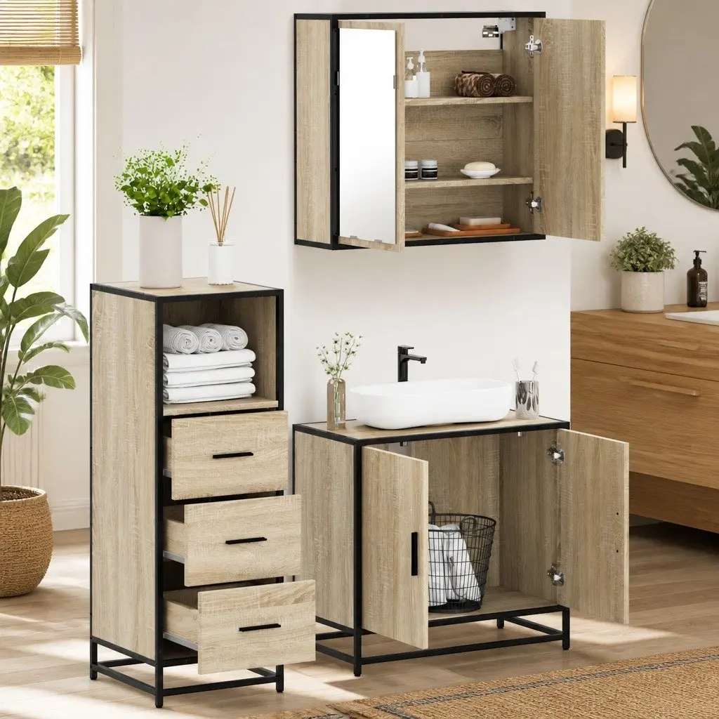 3 Piece Bathroom Furniture Set Vanity Cabinet Mirror Brown Engineered Wood