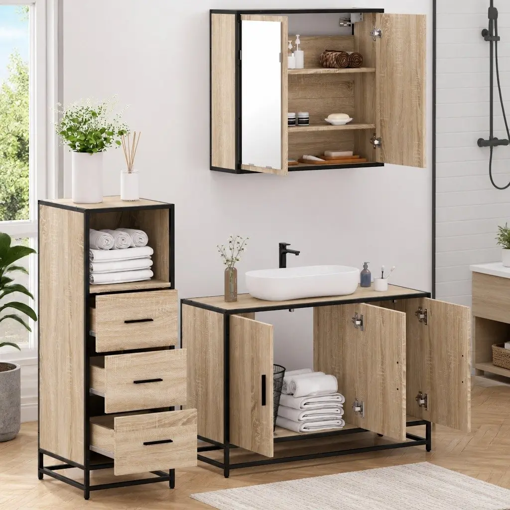 3 Piece Bathroom Furniture Set Vanity Cabinet Mirror Brown Engineered Wood