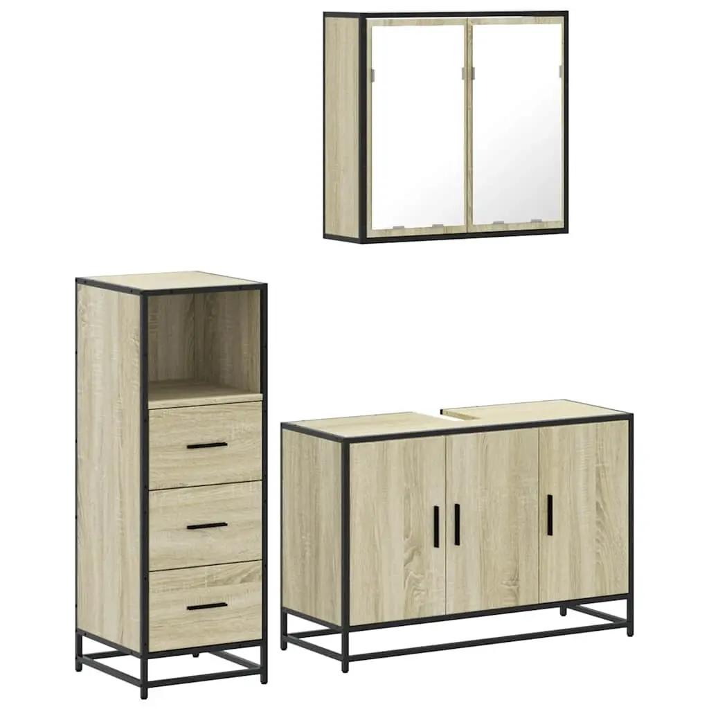 3 Piece Bathroom Furniture Set Vanity Cabinet Mirror Brown Engineered Wood